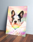 Personalized pet canvas featuring a French Bulldog as a unicorn with rainbow wings against a pastel sky.