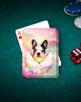 Custom playing cards with a personalized French Bulldog pet portrait as a unicorn with rainbow wings.