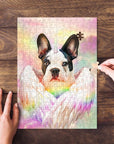 Personalized pet puzzle featuring a French bulldog as a unicorn with wings on a rainbow background.