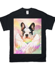 Black Gildan unisex t-shirt featuring a French Bulldog with a unicorn horn and rainbow wings on a pastel background.