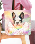 Personalized tote bag with a French Bulldog pet portrait as a unicorn with rainbow wings.