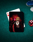 Custom personalized playing cards featuring a dog in a "Vampire" portrait style on a green poker table.