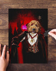 Personalized pet puzzle featuring a dog in a vampire costume against a red castle background.