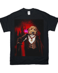 Black Gildan t-shirt with a personalized pet vampire design, featuring a dog in a cape and vest.