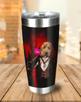 Personalized black stainless steel tumbler with a custom vampire dog portrait.