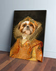Custom pet canvas featuring a Shih Tzu in a regal Victorian princess gown and crown, leaning against a wall.