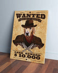Personalized "Wanted" pet canvas featuring a golden retriever in a cowboy hat and bandana, with crossed revolvers.