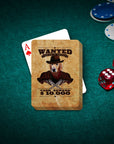 Custom 'Wanted' playing cards featuring a golden retriever pet portrait in a cowboy hat, on a green felt table with poker chips and dice.