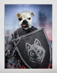 Personalized 'The Warrior' pet poster featuring a bulldog's head on a knight holding a shield with a wolf emblem.