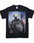 Black Gildan t-shirt with a bulldog warrior holding a shield featuring a wolf emblem.