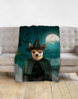 Personalized pet blanket with a chihuahua in a witch costume under a full moon.