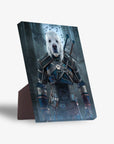 Personalized pet standing canvas featuring a white dog's head on a Witcher-style warrior body in a dark forest.