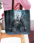 Personalized Witcher Doggo tote bag featuring a white dog in armor, against a dark forest background.