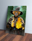 Personalized pet canvas featuring a Boxer dog as a wizard in a black hat and cape, holding fire.