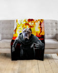 Personalized minky blanket with a custom Wolverine-style dog portrait in front of an explosion.