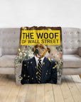 Personalized pet blanket with a dog in a suit, "The Woof of Wall Street" design.