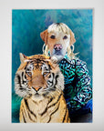 Personalized "Woofer King" dog poster featuring a golden retriever with blonde hair and a tiger, on a teal background.