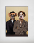 Personalized 'The Woofice' poster featuring two pets in suits, a boxer and a bulldog, on a matte finish.