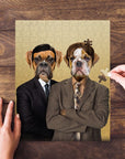 Personalized 2-pet puzzle featuring two dogs in suits, with hands assembling pieces.