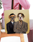 Personalized 2-pet tote bag with custom dog portraits in business suits on a beige canvas.