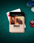 Personalized playing cards featuring custom pet portraits in a movie poster style, on a green felt table with poker chips and dice.