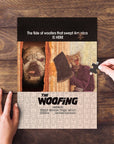 Personalized "The Woofing" puzzle featuring a custom pet portrait of a dog and a cat in a movie poster style.