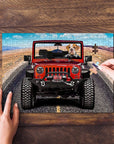 Personalized pet puzzle featuring a bulldog driving a red Jeep on a desert road, with hands assembling it.