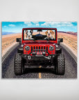 Personalized matte poster featuring two pets in a red Jeep driving on a desert road.