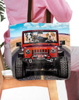 Personalized 3-pet tote bag with cartoon dogs in a red jeep on a desert road.
