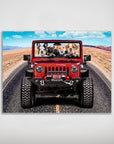Personalized 'Yeep Cruisers' poster featuring four pets in a red Jeep driving on a desert road.