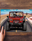 Personalized puzzle with four cartoon dogs in a red Jeep, on a road with a beach background.