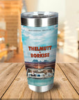 Personalized stainless steel tumbler with two dogs in a car, "Thelmutt and Borkise" design.