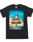 Black Gildan 'Top Paw' personalized pet t-shirt with a dog in a pilot jacket and jet flying over water.