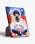 Personalized pet standing canvas featuring a bulldog in a Toronto Blue Jays baseball uniform, holding a bat, against a city skyline.