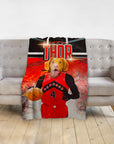 Personalized pet blanket with a dog's head on a basketball player's body, red and black design.