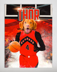 Personalized 'Toronto Rapdogs' pet poster featuring a dog in a red basketball jersey holding a ball.