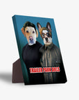 Personalized 'Trailer Park Dogs' standing canvas featuring two pets in human clothes on a blue background.