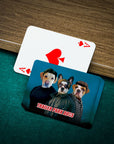 Personalized playing cards featuring three pets in "Trailer Park Dogs" style on a green felt table.