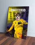 Custom pet canvas featuring a dog's head on a yellow Ukraine Euro football jersey, with "DMYTRO" above.