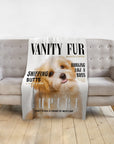 Personalized pet blanket with a custom dog portrait in a "Vanity Fur" magazine cover design.