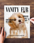 Personalized pet puzzle featuring a fluffy dog portrait in a magazine cover style.