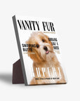 Personalized pet standing canvas featuring a light brown dog on a "Vanity Fur" magazine cover.