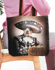Personalized black tote bag with a custom dog portrait in a Mariachi outfit and sombrero.