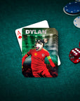 Personalized pet playing cards featuring a dog in a red Wales soccer uniform on a green poker table.