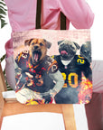 Personalized pet portrait tote bag featuring two dogs in football uniforms.