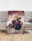 Personalized pet blanket with a Doggovinci portrait of a dog in a football uniform.
