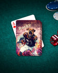 Personalized pet playing card featuring a dog in a football uniform on a green felt table.