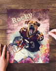 Personalized pet puzzle featuring a dog in a Washington football uniform, with "Rocky" text.