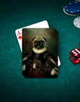 Personalized William Dogspeare playing cards featuring a pug in a renaissance royal portrait on a green felt table.