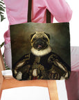 Personalized tote bag with a custom renaissance royal portrait of a pug dog.